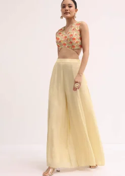 Light Yellow Printed Organza Palazzo Set With Jacket