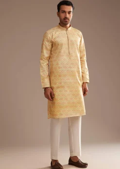 Light Yellow Silk Abstract Printed Kurta Set