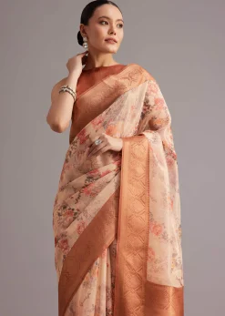Light Yellow Tissue Silk Floral Printed Saree With Zari Woven Border