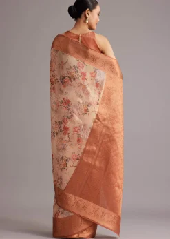 Light Yellow Tissue Silk Floral Printed Saree With Zari Woven Border