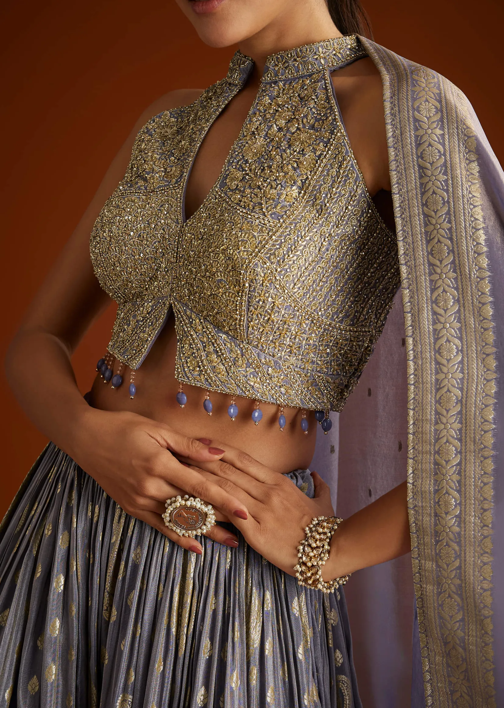 Lilac Banarasi Tissue Lehenga Dupatta With Embroidered Choli