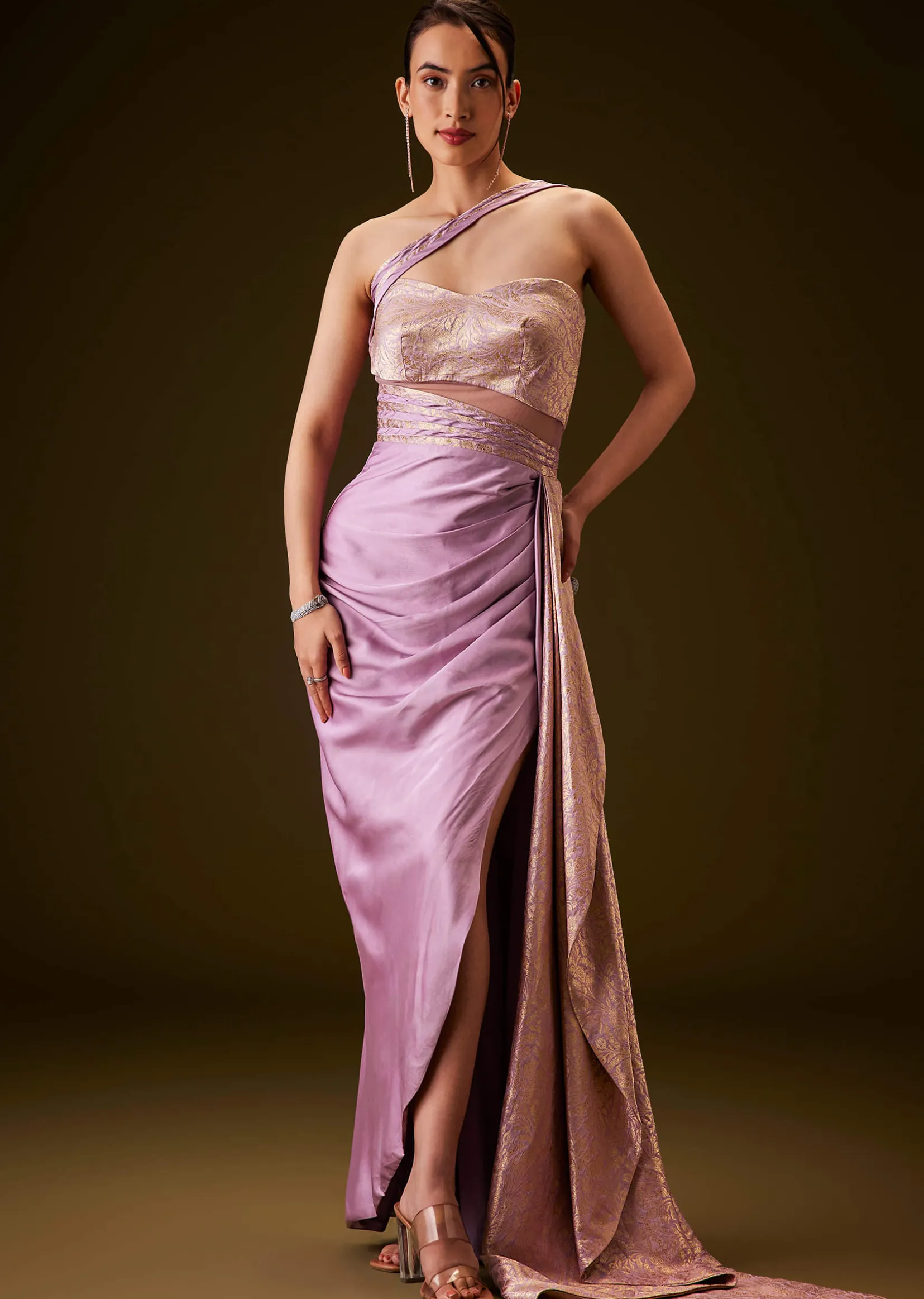Lilac Brocade Draped Gown With Sculpted Sash