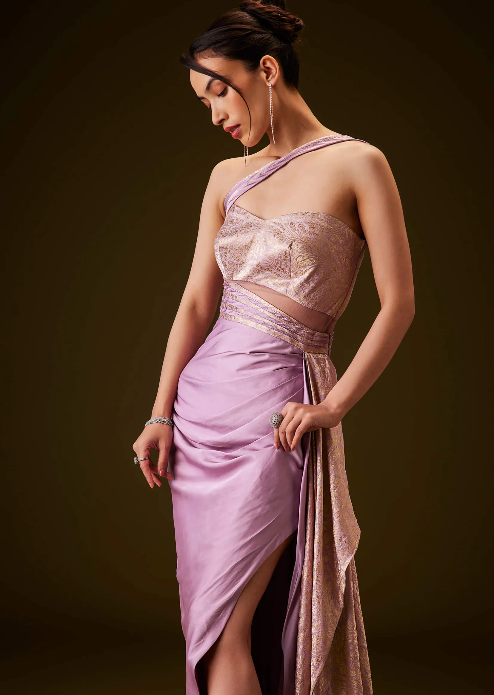 Lilac Brocade Draped Gown With Sculpted Sash