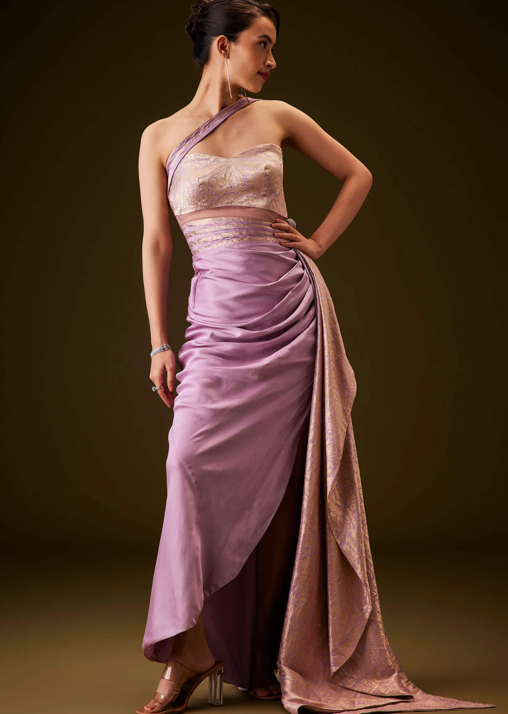 Lilac Brocade Draped Gown With Sculpted Sash