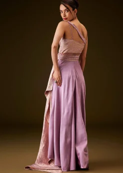 Lilac Brocade Draped Gown With Sculpted Sash