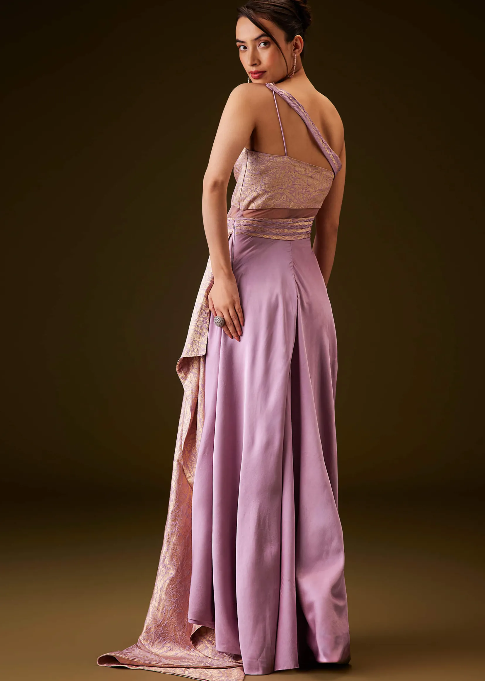 Lilac Brocade Draped Gown With Sculpted Sash