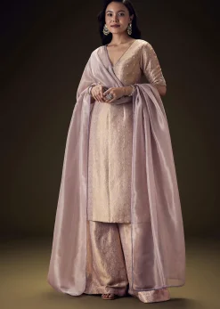 Lilac Brocade Embroidered Kurta With Palazzo And Dupatta
