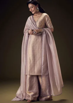 Lilac Brocade Embroidered Kurta With Palazzo And Dupatta