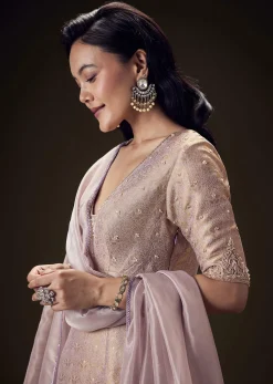 Lilac Brocade Embroidered Kurta With Palazzo And Dupatta