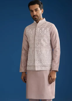 Lilac Cotton Silk Jacket Kurta Set With Mirror And Dori Embroidery
