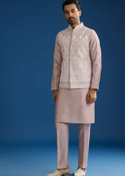 Lilac Cotton Silk Jacket Kurta Set With Mirror And Dori Embroidery