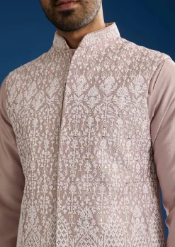 Lilac Cotton Silk Jacket Kurta Set With Mirror And Dori Embroidery