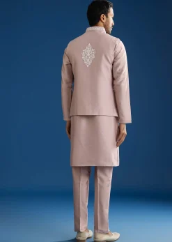 Lilac Cotton Silk Jacket Kurta Set With Mirror And Dori Embroidery