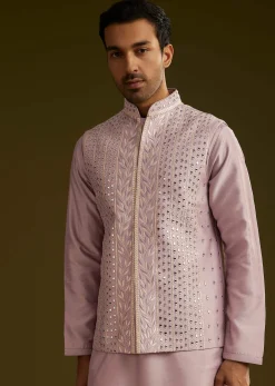 Lilac Cotton Silk Kurta Set With Mirror Threadwork Jacket