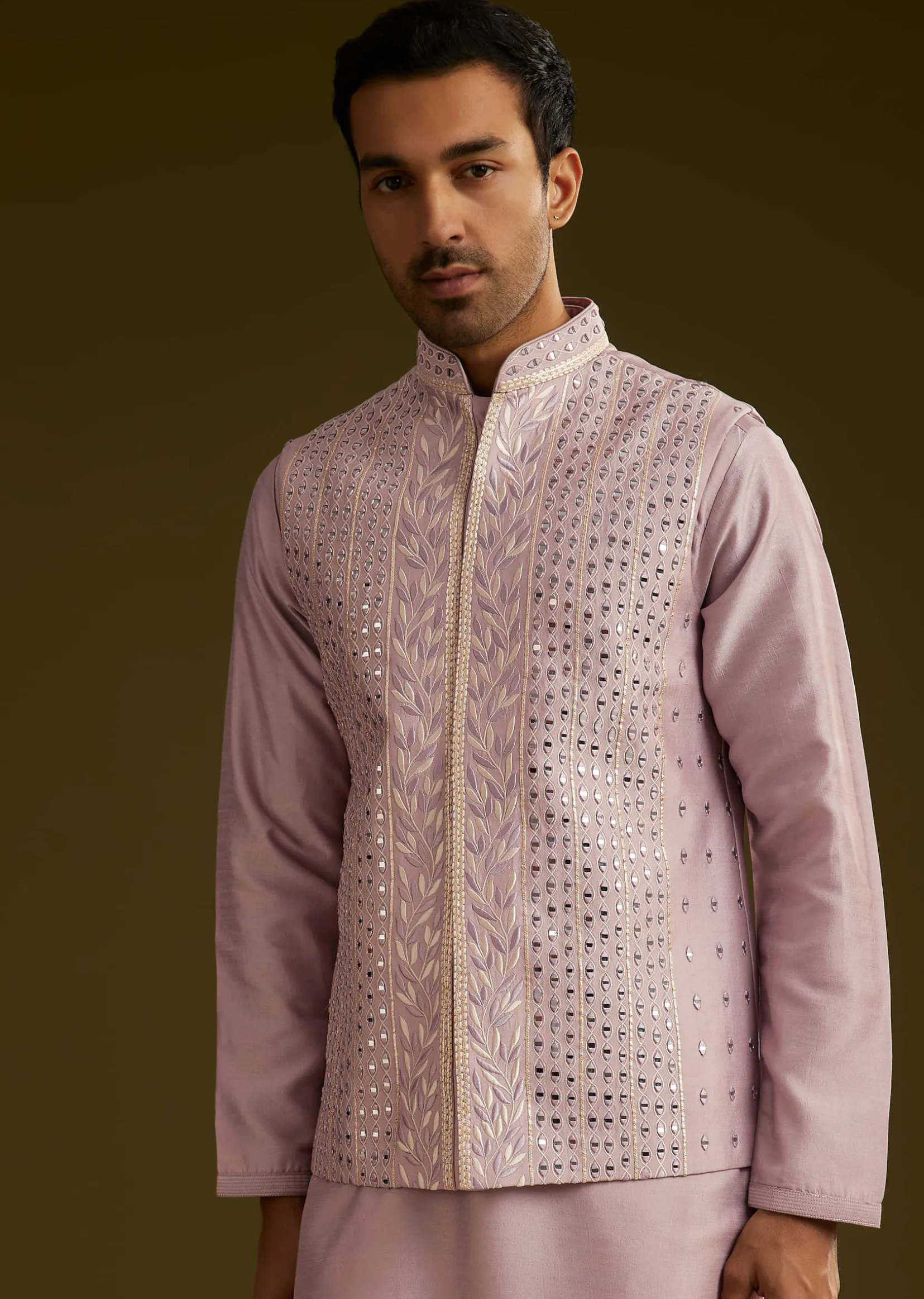 Lilac Cotton Silk Kurta Set With Mirror Threadwork Jacket