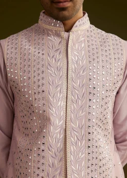 Lilac Cotton Silk Kurta Set With Mirror Threadwork Jacket