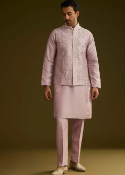 Lilac Cotton Silk Kurta Set With Mirror Threadwork Jacket
