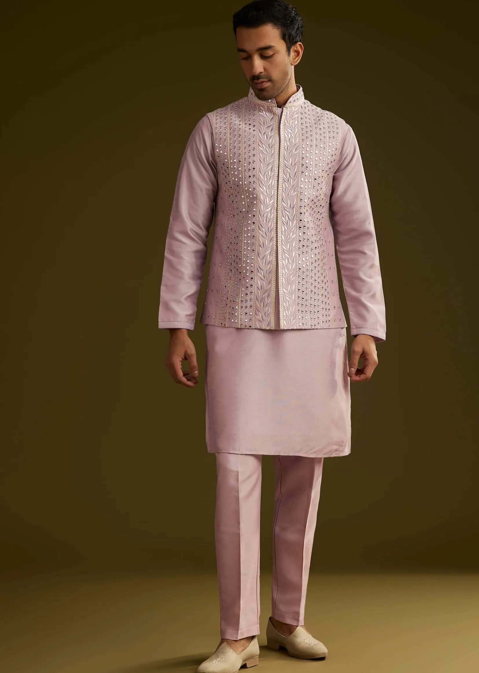 Lilac Cotton Silk Kurta Set With Mirror Threadwork Jacket