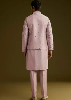 Lilac Cotton Silk Kurta Set With Mirror Threadwork Jacket