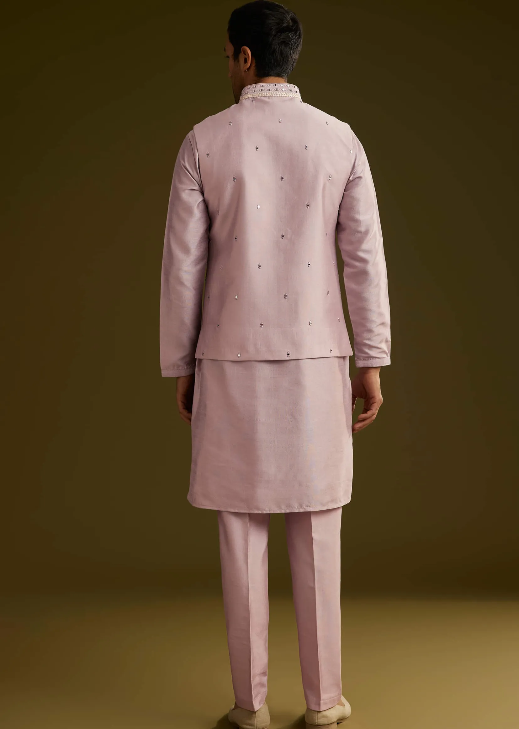 Lilac Cotton Silk Kurta Set With Mirror Threadwork Jacket