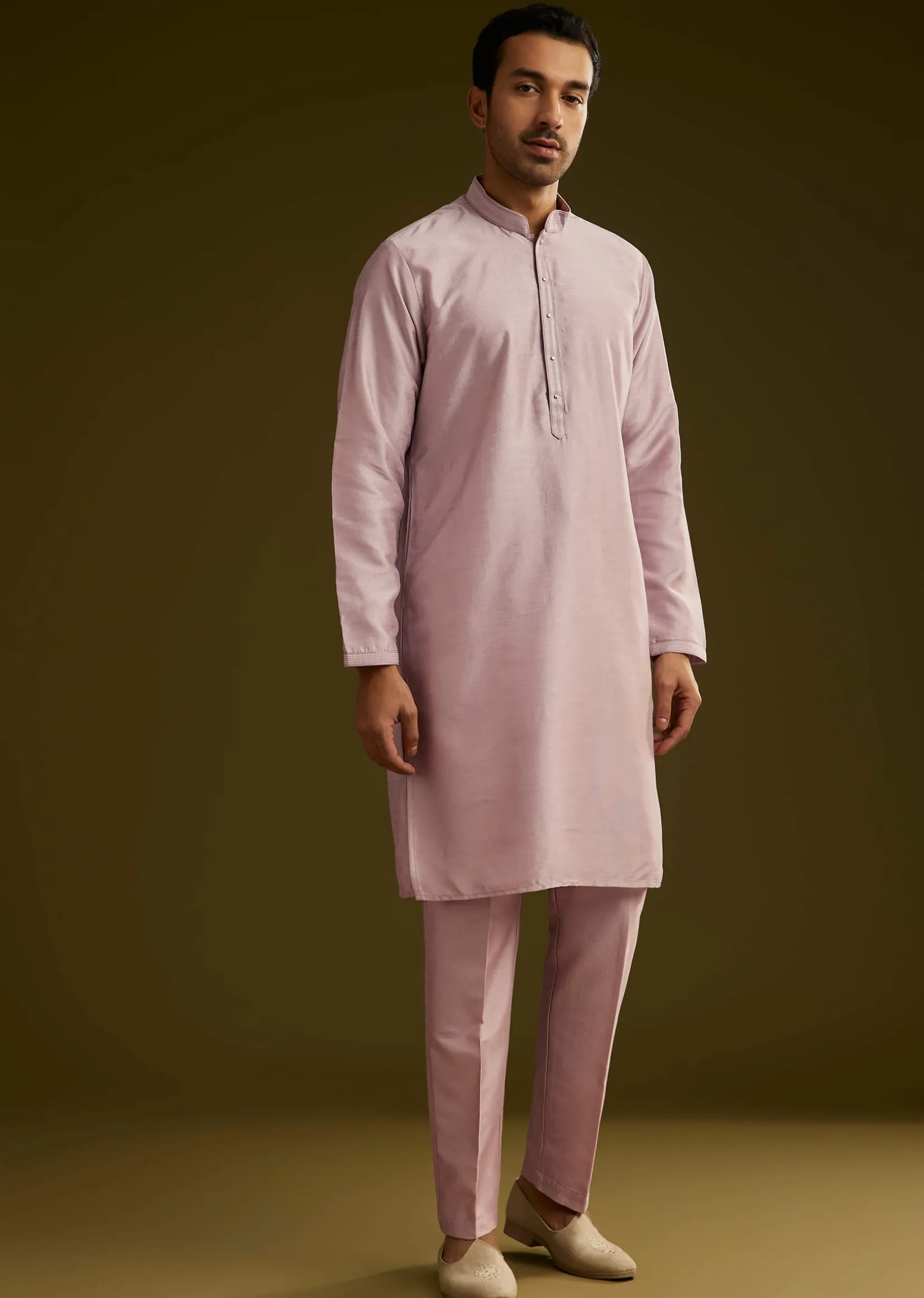 Lilac Cotton Silk Kurta Set With Mirror Threadwork Jacket