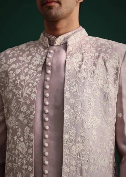 Lilac Cotton Silk Sherwani Kurta Set With Hand Work