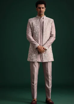 Lilac Cotton Silk Sherwani Kurta Set With Hand Work