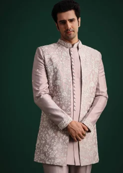 Lilac Cotton Silk Sherwani Kurta Set With Hand Work