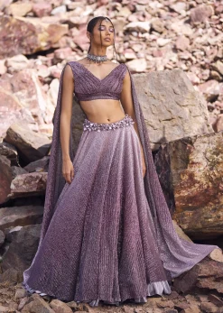 Lilac Crushed Shimmer Lehenga With Blouse And Cape