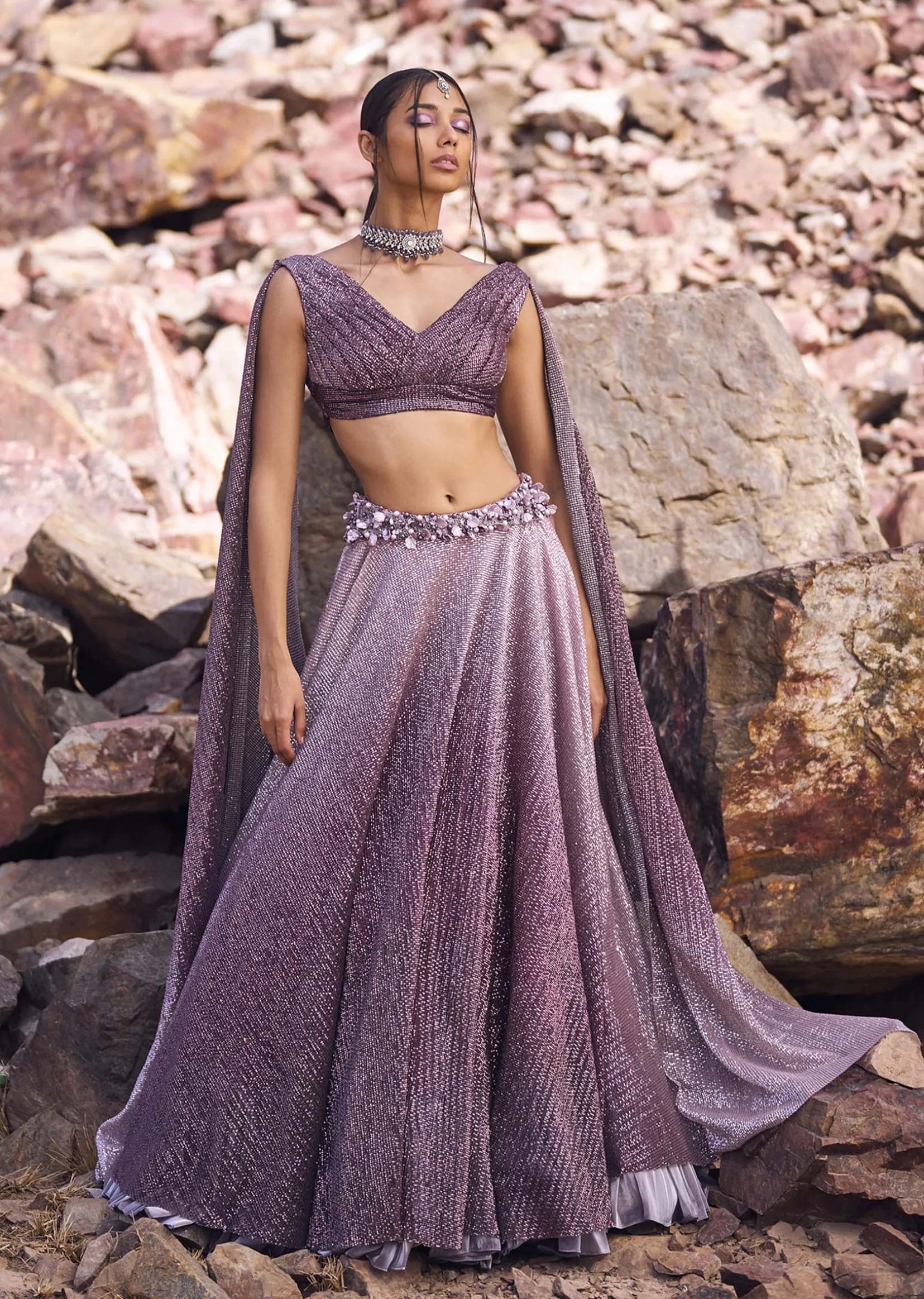 Lilac Crushed Shimmer Lehenga With Blouse And Cape