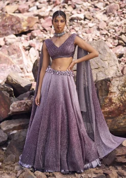 Lilac Crushed Shimmer Lehenga With Blouse And Cape