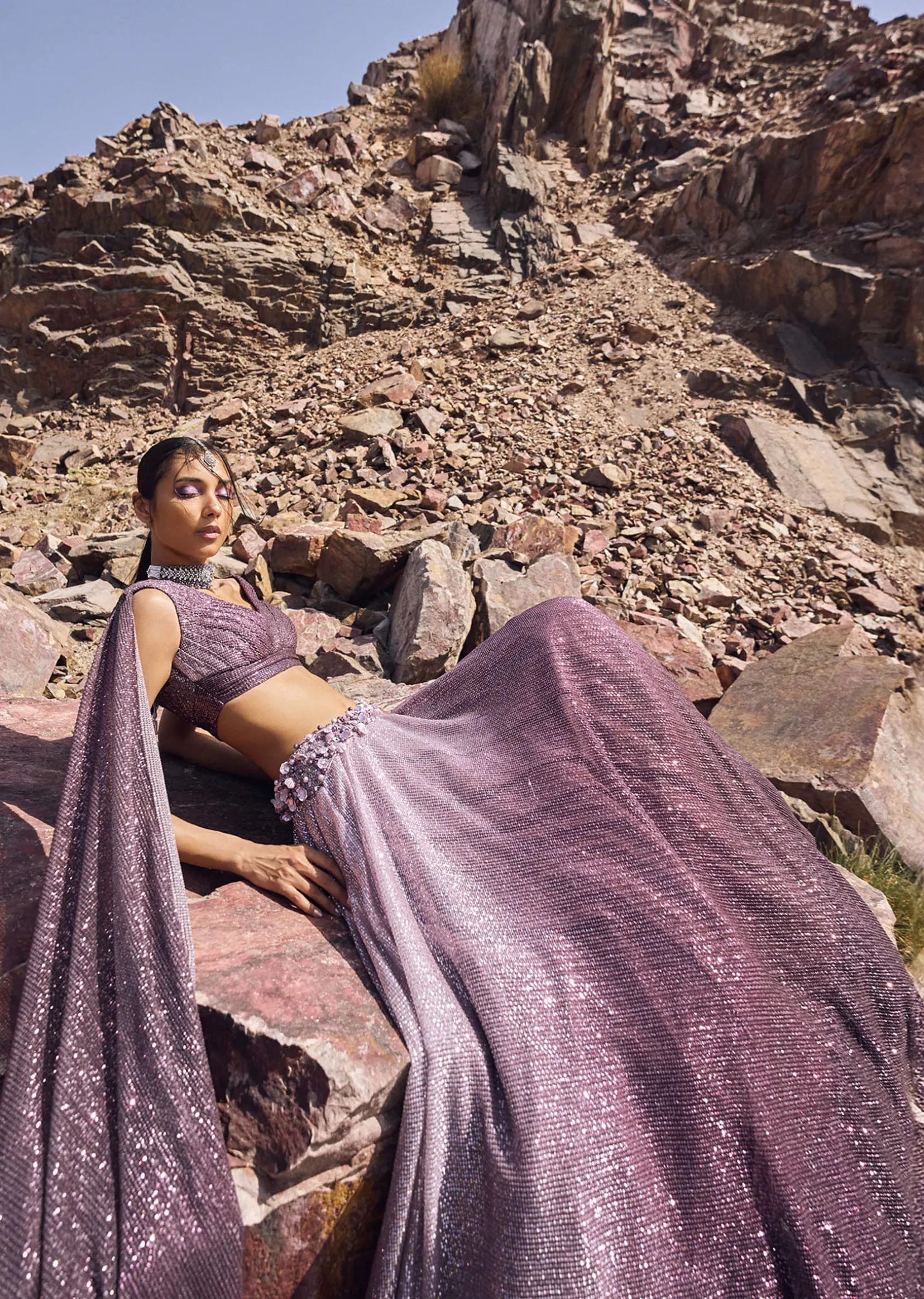 Lilac Crushed Shimmer Lehenga With Blouse And Cape