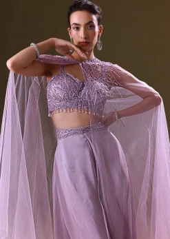 Lilac Embroidered Bustier And Cape With Flared Pant