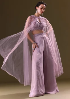 Lilac Embroidered Bustier And Cape With Flared Pant