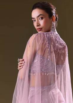 Lilac Embroidered Bustier And Cape With Flared Pant