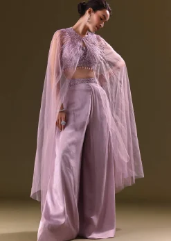 Lilac Embroidered Bustier And Cape With Flared Pant