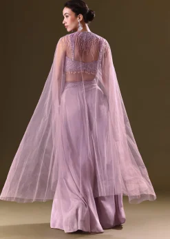 Lilac Embroidered Bustier And Cape With Flared Pant