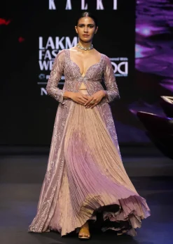 Lilac Embroidered Long Jacket With Ruched Lehenga