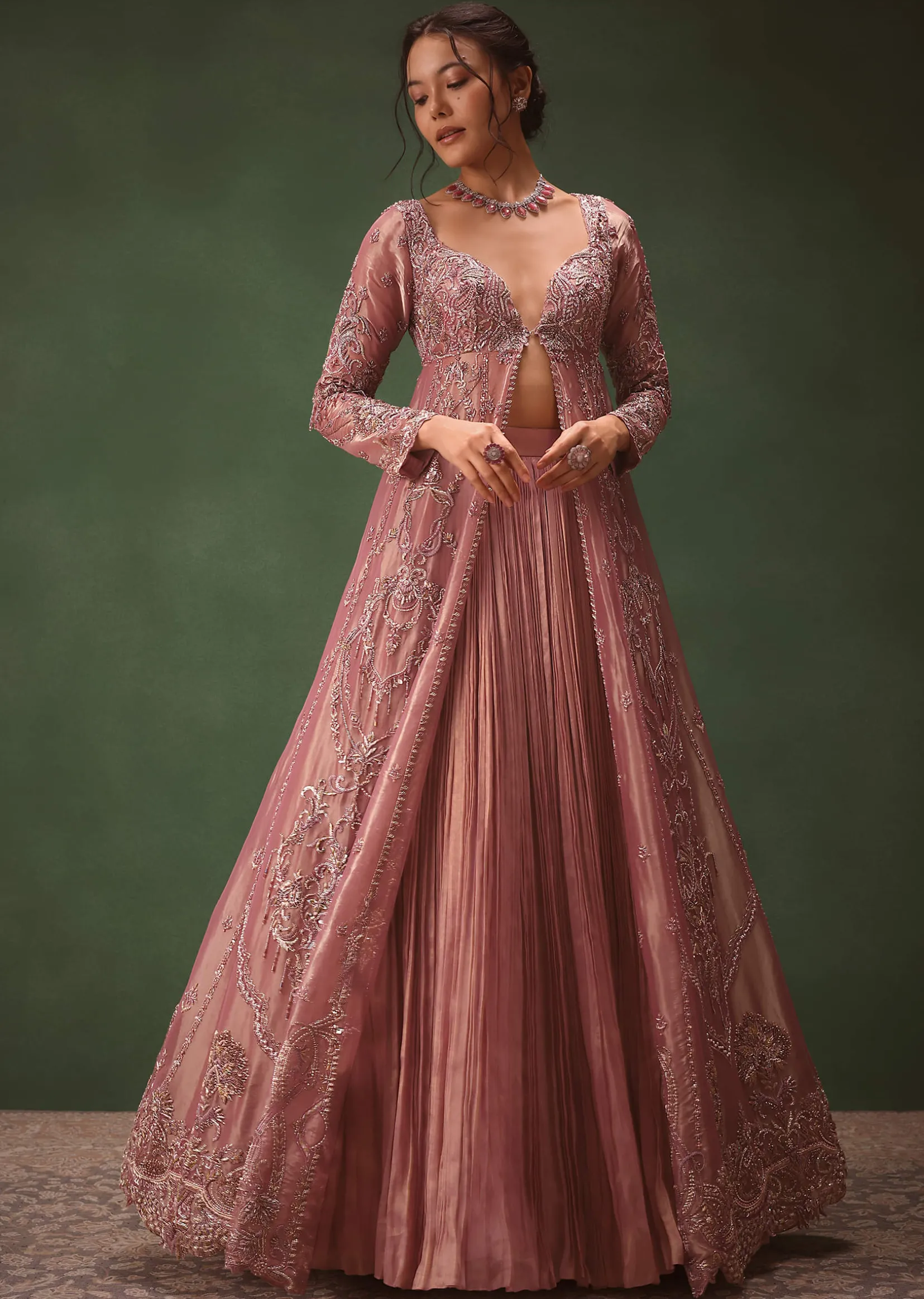 Lilac Embroidered Long Jacket With Ruched Lehenga