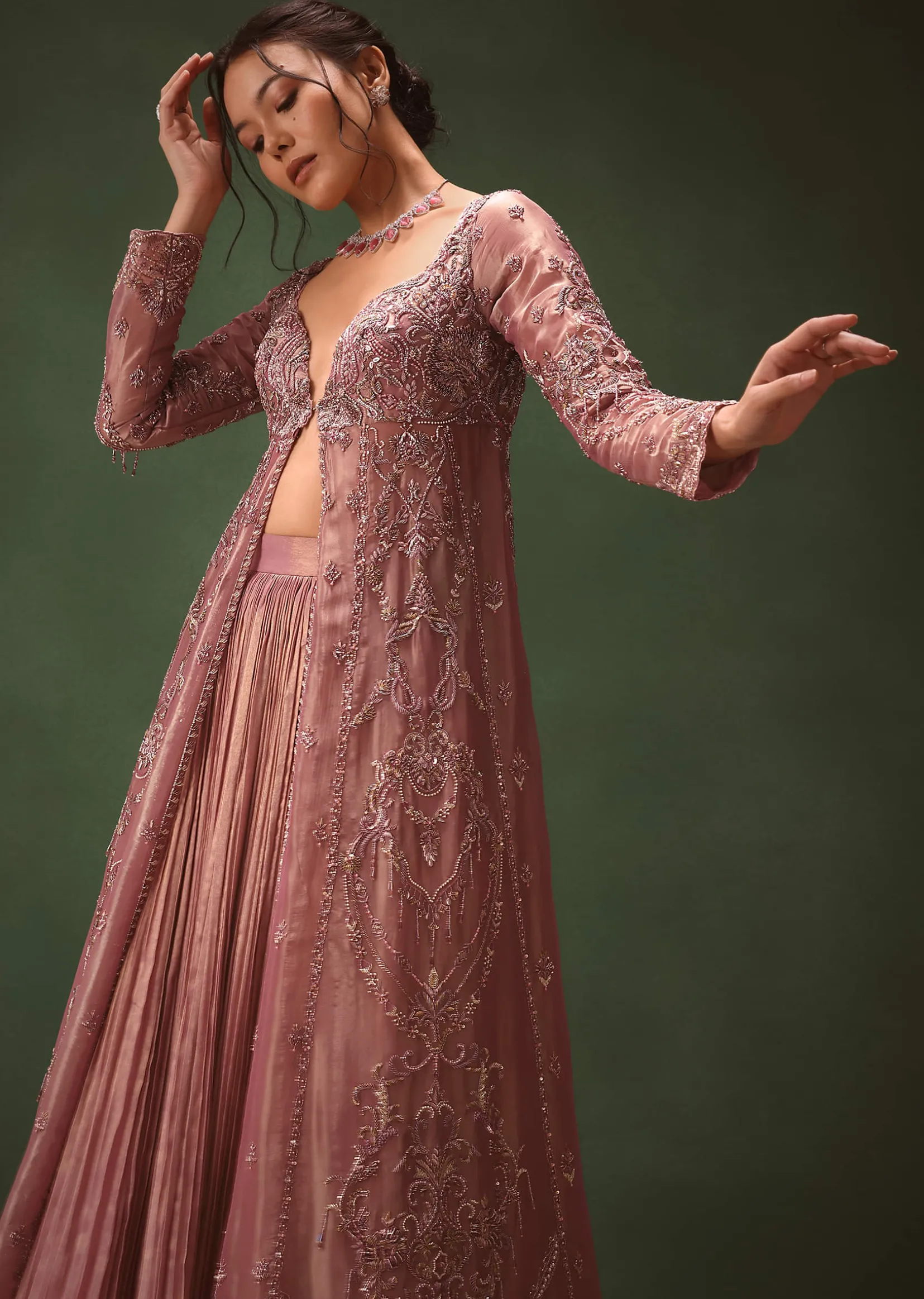 Lilac Embroidered Long Jacket With Ruched Lehenga