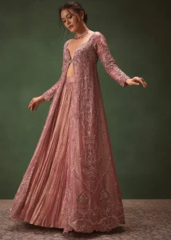 Lilac Embroidered Long Jacket With Ruched Lehenga