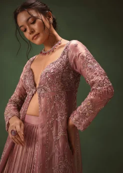 Lilac Embroidered Long Jacket With Ruched Lehenga