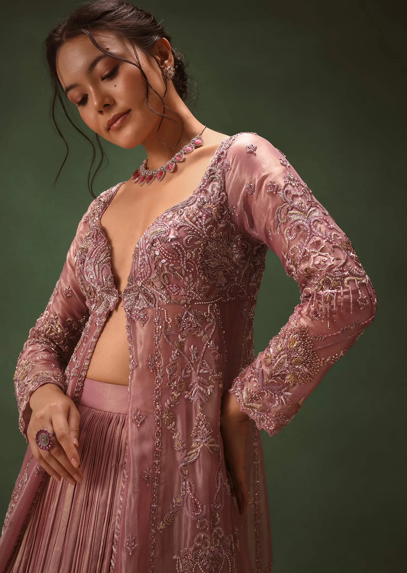 Lilac Embroidered Long Jacket With Ruched Lehenga