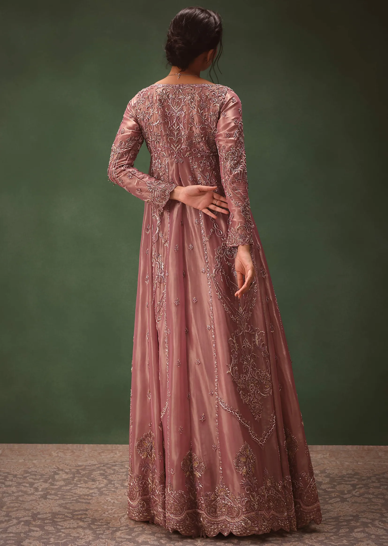 Lilac Embroidered Long Jacket With Ruched Lehenga