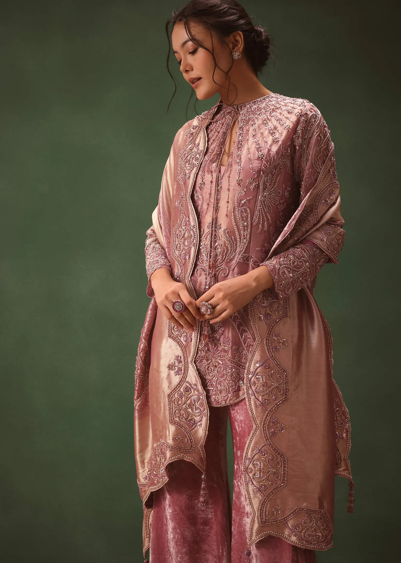 Lilac Embroidered Short Kurti Suit With Bell Bottom Pant