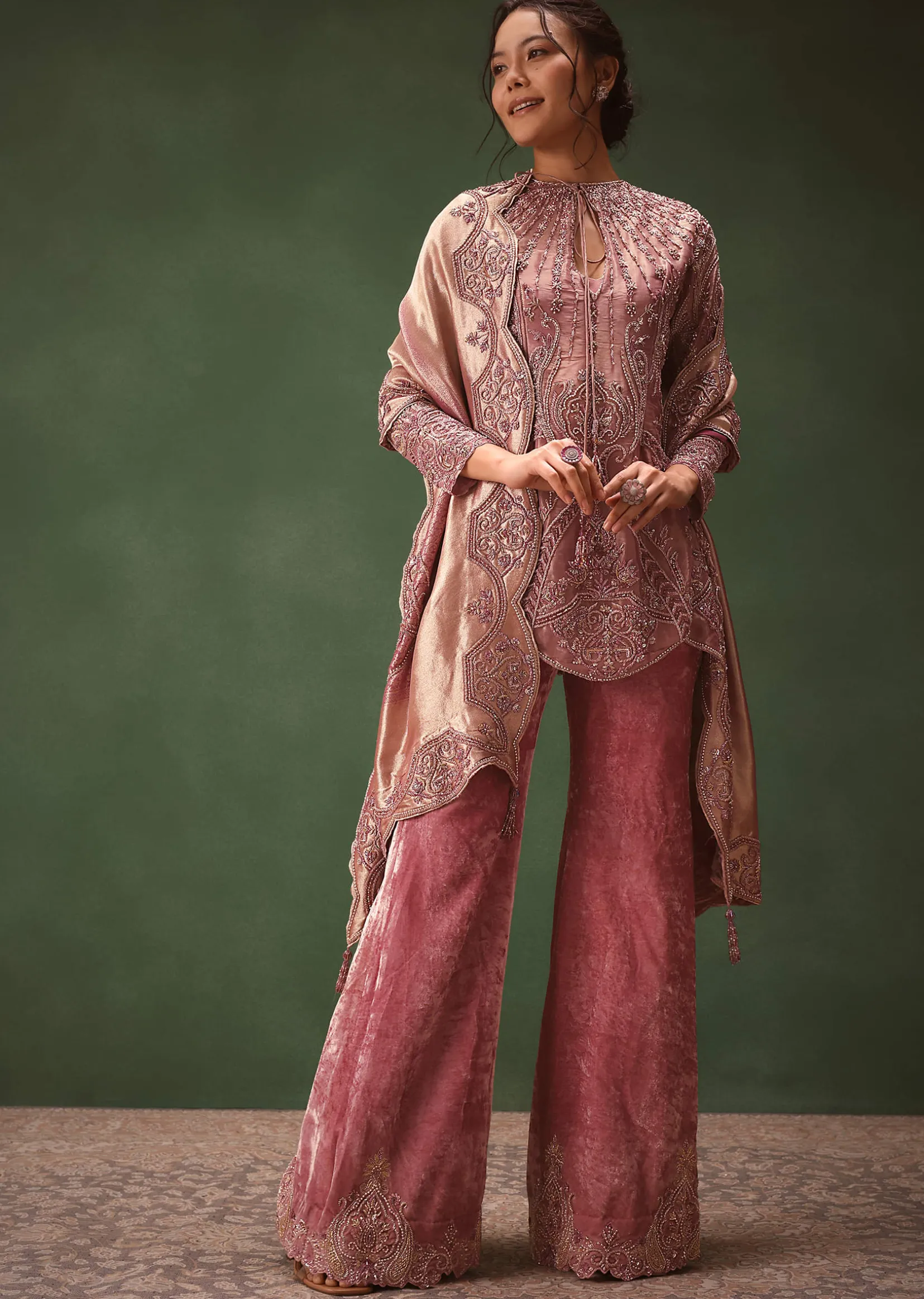 Lilac Embroidered Short Kurti Suit With Bell Bottom Pant