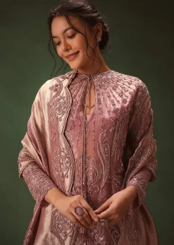 Lilac Embroidered Short Kurti Suit With Bell Bottom Pant
