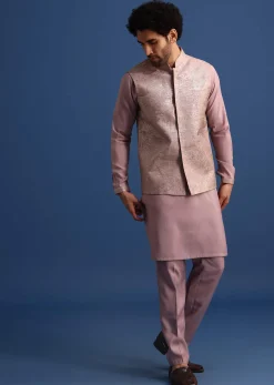 Lilac Embroidered Silk Kurta Jacket Set For Men