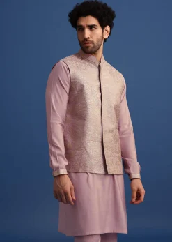 Lilac Embroidered Silk Kurta Jacket Set For Men