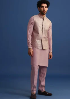 Lilac Embroidered Silk Kurta Jacket Set For Men